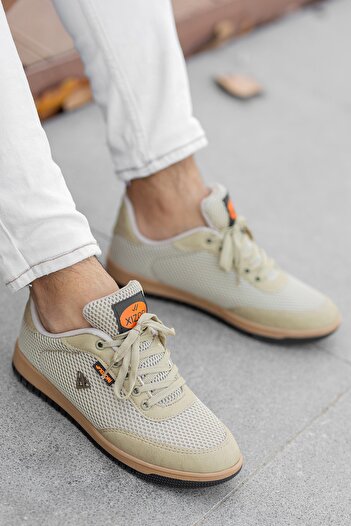 BOUIS Men's Beige Casual Lace-Up Mesh Anti-Sweat Flexible Sneaker Lifestyle Classic Sports Shoes
