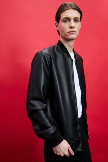 DeFacto Slim Fit College Collar Bomber Faux Leather Coat