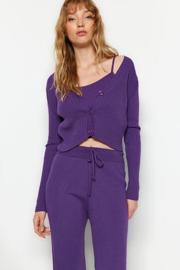 Trendyol Collection Köteles lila blúz, kardigán és nadrág szett - TWOAW22AU0006