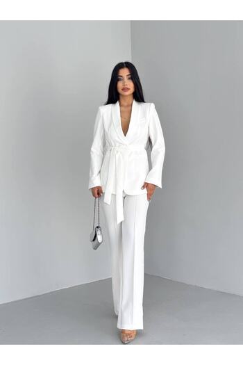 han fashion Tie-Up Faux Pocket Belted Shawl Collar Blazer Jacket Pipe Leg Flexible Pants Suit