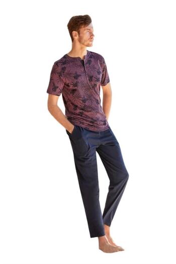 Berrak Pleated Crew Neck Jacquard Short Sleeve Men's Pajamas Set