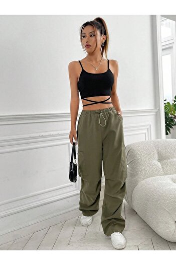 Fancy&Dancy Kadın Siyah Kaşkorse Kumaş Bağlama Detaylı Şık Crop