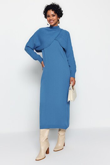 Trendyol Modest Σετ Φόρεμα Πλεκτά Indigo - Bolero Αναλυτικά TCTAW24US00038