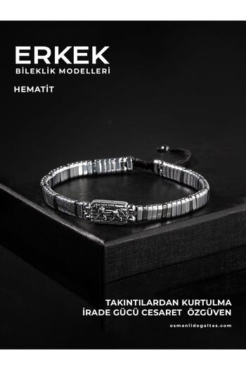 OSMANLI DOĞAL TAŞ SERTİFİKALI HEMATİT DOĞAL TAŞLI ÖRGÜ 925 AYAR GÜMÜŞ TASARIM BİLEKLİK (ASLAN SEMBOLLÜ)
