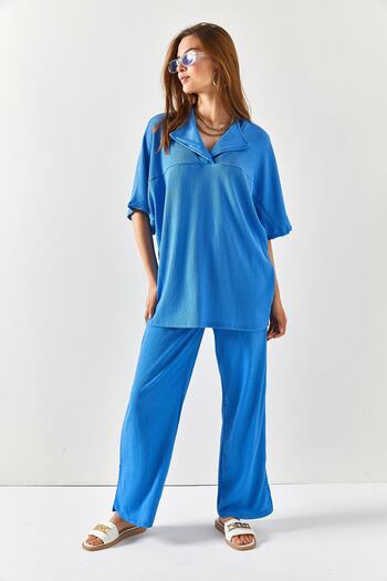 Olalook Damen Babyblau Oberteil Cut Kragen Unterteil Schlitz Hose Set TKM-19000185