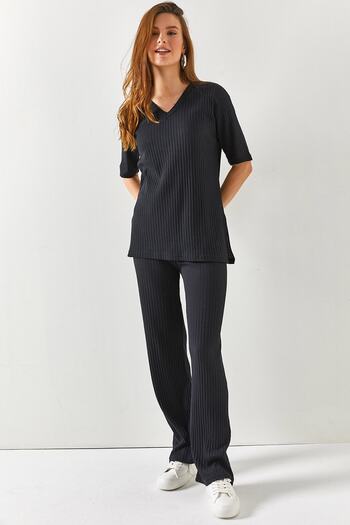 Olalook Women's Black Top V-Neck Bottom Palazzo Corded Suit TKM-19000212