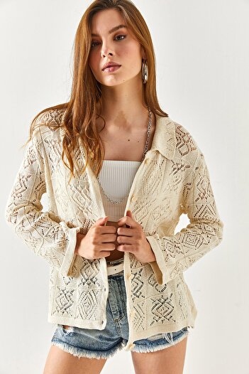 Olalook Women's Ecru Shirt Collared Buttoned Curved Cotton Cardigan HRK-19000227