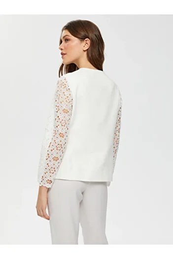 Faik Sönmez Large Size Sleeve Detailed Ecru Women's 100% Cotton Jacket U66227