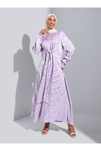 Refka Jacquard Satin Hijab Dress with Tie Waist Detail - Powder Lilac - Woman