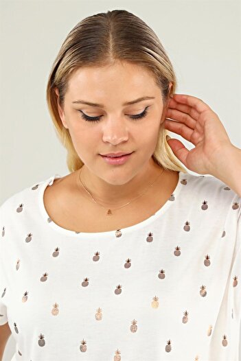 Seamoda Pineapple Print Detailed Side Tie Large Size Women's Daily Use Comfortable Stylish Tunic-ecru