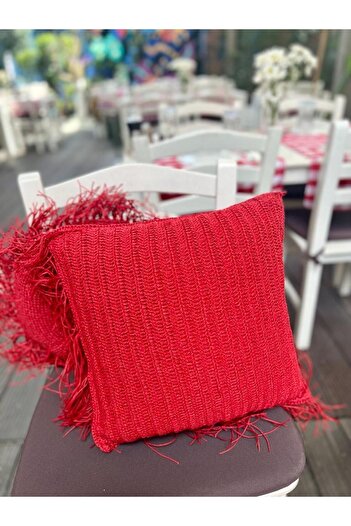 Maison Avf Kırmızı Kağıt İp Dekoratif Kırlent (Çift Tarafı Örgü)