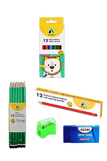 Adell Adel 12 Pieces Dry Paint - Pencil - Red Pencil - Eraser - Pencil Sharpener TOTAL 38 Pieces
