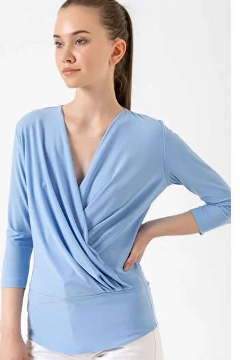 Laranor Blue Double-breasted Cut Three-quarter Sleeve Blouse