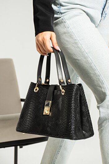 By Hakan SN 1351 WOMEN'S SLEEVE BAG HANDBAGS SHOULDER BAG THREE COMPARTMENTS CROCO-BLACK