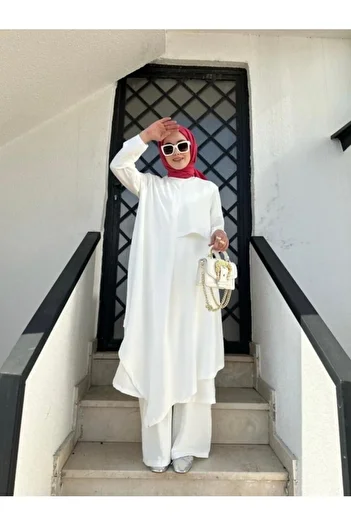 NS Moda Hijab Asymmetrical Tunic Trousers Set White Model-495