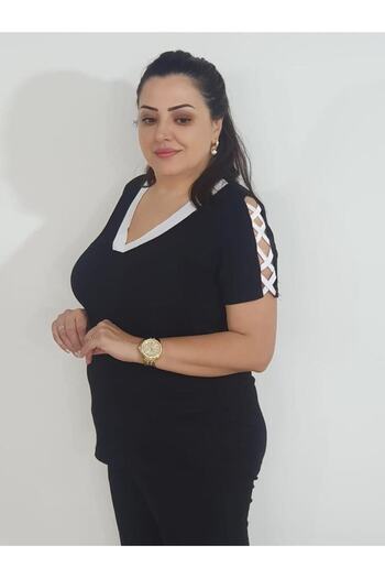 Melis Designer White Banded Large Size T-Shirt
