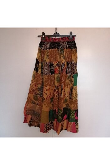 Butik Tülin Otantik viskoz taşlama çok renkli desenli peçvörk beli lastikli büzdürme ipli uzun etek Hint Malı