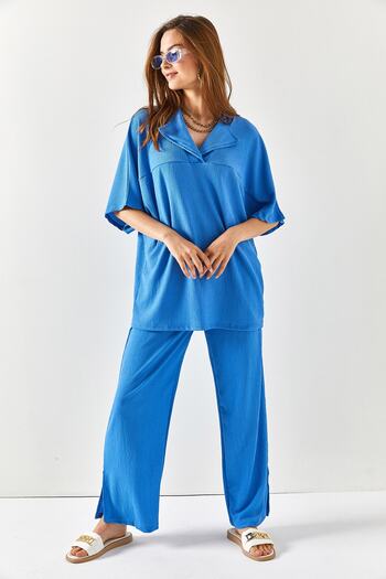 Olalook Damen Babyblau Oberteil Cut Kragen Unterteil Schlitz Hose Set TKM-19000185