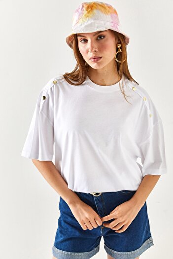 Olalook Women's White Shoulder Gold Button Cotton T-Shirt TSH-19000763