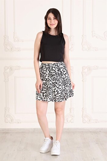 Seamoda Leopard Patterned Elastic Waist Pieced Mini Skirt