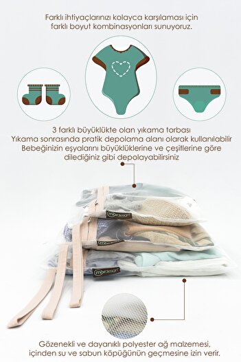 mordesign 3-Piece Laundry Net, Dirty/Clean Baby Clothes Bag, Dirty Basket, Dhobis Series, Beige