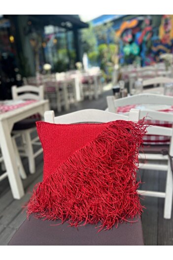 Maison Avf Kırmızı Kağıt İp Dekoratif Kırlent (Çift Tarafı Örgü)