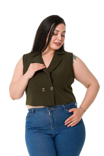 DISENTIS MODEST Plus Size Double Breasted Double Button Khaki Mini Vest