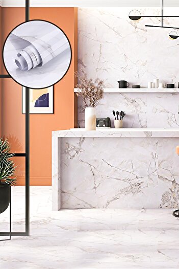 MUJGAN 5 Meters White Marble Patterned Shelf Cover and Pull Cabinet