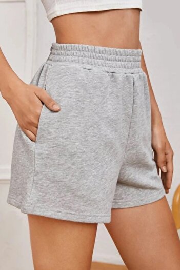 MODAGEN Women's Gray Elastic Waist Short Combed Cotton Shorts