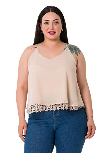 DISENTIS MODEST Plus Size Back Low-cut Lace Detailed Chiffon Beige Blouse