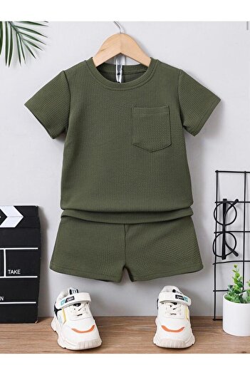 Bubito Waffle Visual Pocket Detailed Cotton Summer Baby Kids Shorts Set-Green