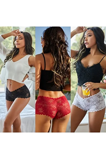 Quick&Shine Women's Black White Red 3 Pack Lace Thong Shorts Panties
