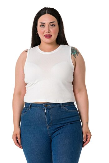 DISENTIS MODEST Plus Size Crew Neck Sleeveless Crop Viscose Ecru Body