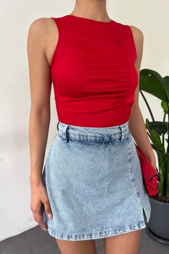 lovebox Women's Knitted Crepe Fabric Stylish Design Sleeveless Red Blouse 5069