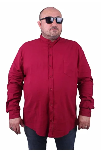 MocGrande Men's Large Size Lycra Linen High Collar Pocket Shirt 11308 Claret Red