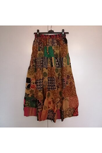 Butik Tülin Otantik viskoz taşlama çok renkli desenli peçvörk beli lastikli büzdürme ipli uzun etek Hint Malı