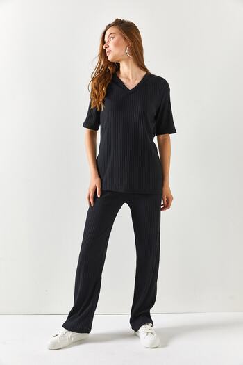 Olalook Women's Black Top V-Neck Bottom Palazzo Corded Suit TKM-19000212