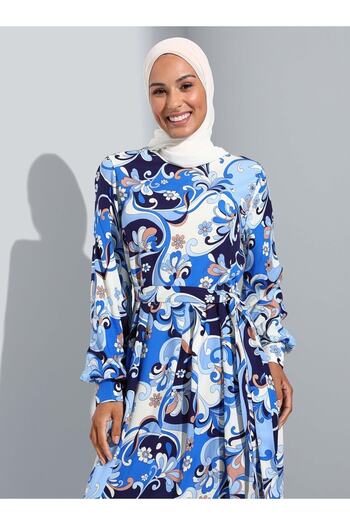 Refka Natural Fabric Ethnic Patterned Hijab Dress - Saxe Navy Blue Floral Pattern -