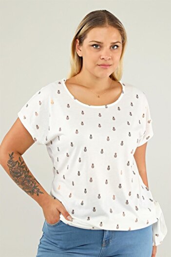 Seamoda Pineapple Print Detailed Side Tie Large Size Women's Daily Use Comfortable Stylish Tunic-ecru