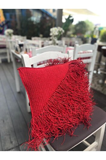 Maison Avf Kırmızı Kağıt İp Dekoratif Kırlent (Çift Tarafı Örgü)