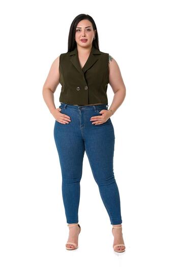 DISENTIS MODEST Plus Size Double Breasted Double Button Khaki Mini Vest