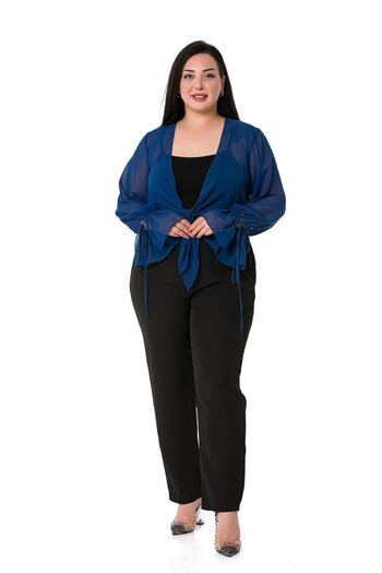 DISENTIS MODEST Plus Size Sleeve Detailed Tied Front Chiffon Navy Blue Bolero