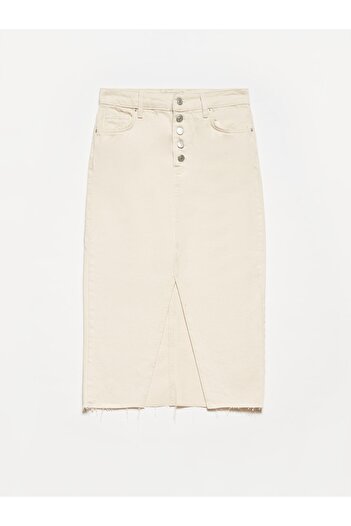 Dilvin 80549 Buttoned Front Denim Skirt-Ecru