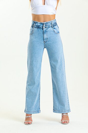 SHEVEGA Blue Ice Blue Elastic Talie Boyfriend Wide Leg Jeans Wide Leg Jeans