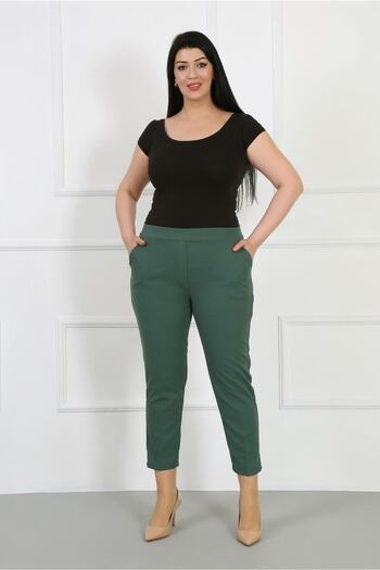 By Alba Collection Women's Emerald Green Full Elastic Waist Lycra Scuba Crepe Narrow Leg Large Trousers