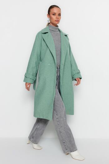 Trendyol Collection Μέντα Oversize Φαρδιά Κόψιμο Ζώνη Μακρύ Μάλλινο Παλτό Σφραγίδας TWOAW22KB0015