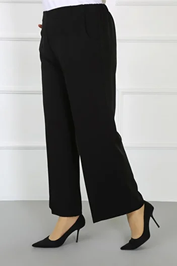 By Alba Collection Women's Black Dumbbell Fabric Oval Pocket Large Size Trousers with Elastic Back