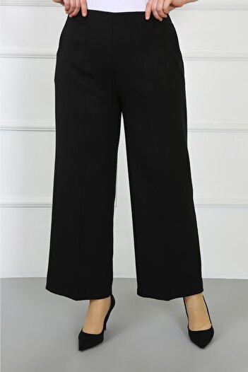 By Alba Collection Women's Black Dumbbell Fabric Oval Pocket Large Size Trousers with Elastic Back