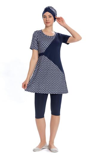 Starinci Mayo Lycra Semi-Closed Swimsuit Navy Blue Belt Detailed Houndstooth Pattern