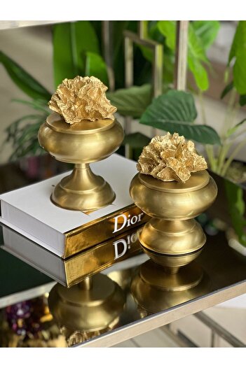 ArzzHome 2'li Dekoratif Ayaklı Şekerlik Mercan Kutu New Eskitme & Gold